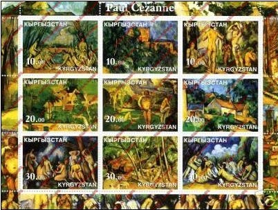 Kyrgyzstan 2002 Paul Cezanne Paintings Illegal Stamp Sheetlet of Nine Kyrgyzstan 2002 Paul Cezanne Paintings Illegal Stamp Sheetlet of Nine