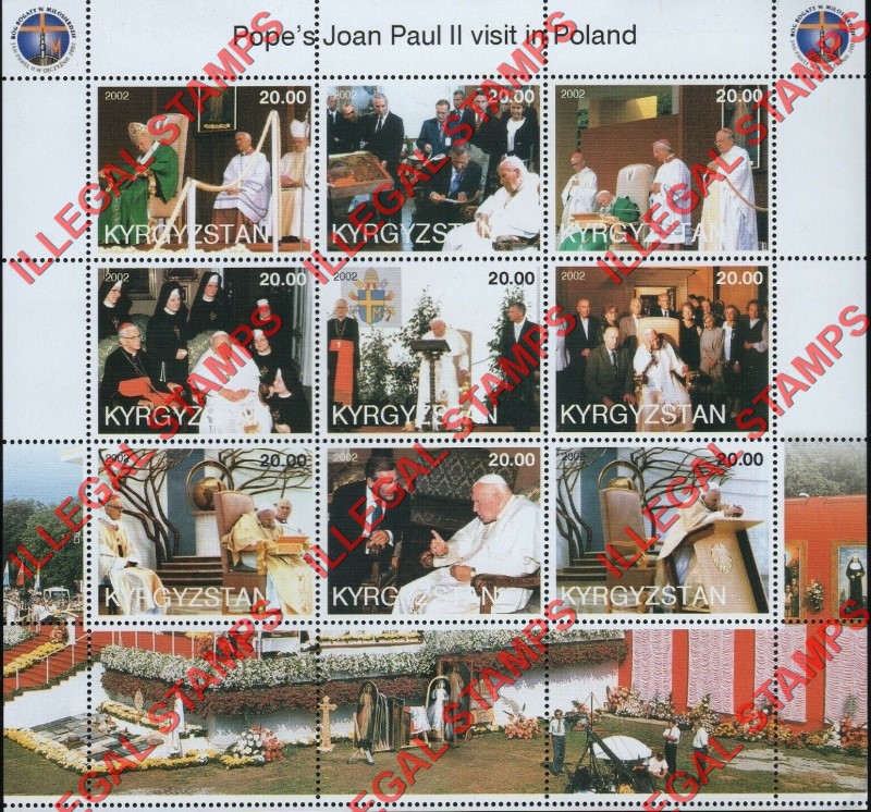 Kyrgyzstan 2002 Pope John Paul II Visit to Poland Illegal Stamp Sheetlet of Nine Kyrgyzstan 2002 Pope John Paul II Visit to Poland Illegal Stamp Sheetlet of Nine