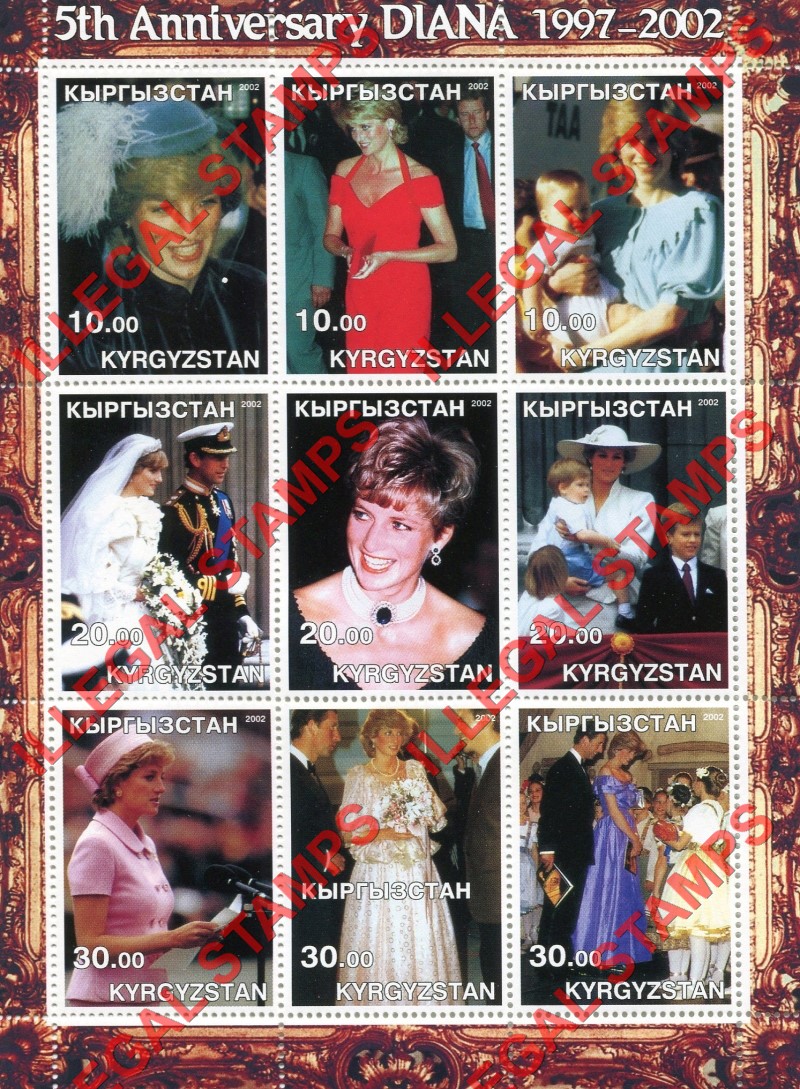 Kyrgyzstan 2002 Princess Diana Illegal Stamp Sheetlet of Nine (Sheet 1) Kyrgyzstan 2002 Princess Diana Illegal Stamp Sheetlet of Nine (Sheet 1)