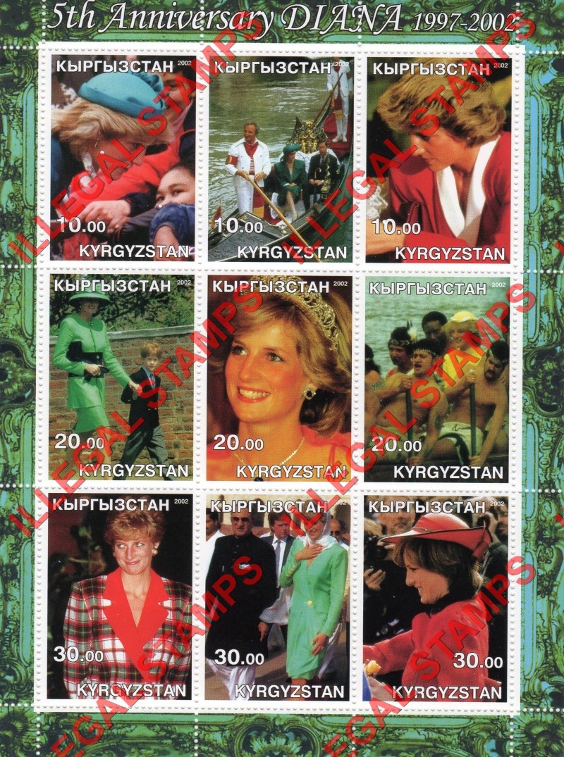 Kyrgyzstan 2002 Princess Diana Illegal Stamp Sheetlet of Nine (Sheet 2) Kyrgyzstan 2002 Princess Diana Illegal Stamp Sheetlet of Nine (Sheet 2)