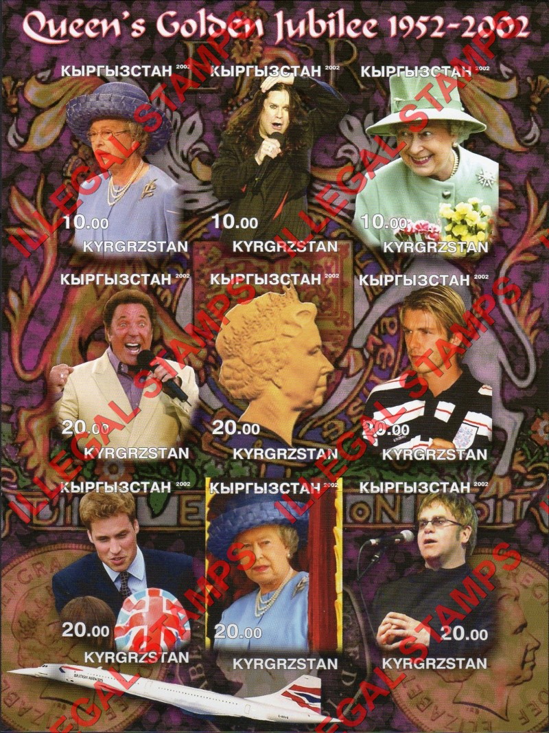 Kyrgyzstan 2002 Queen Elizabeth II Golden Jubilee Illegal Stamp Sheetlet of Nine Kyrgyzstan 2002 Queen Elizabeth II Golden Jubilee Illegal Stamp Sheetlet of Nine