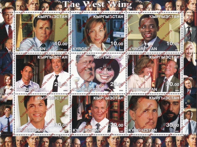 Kyrgyzstan 2002 The West Wing Illegal Stamp Sheetlet of Nine Kyrgyzstan 2002 The West Wing Illegal Stamp Sheetlet of Nine