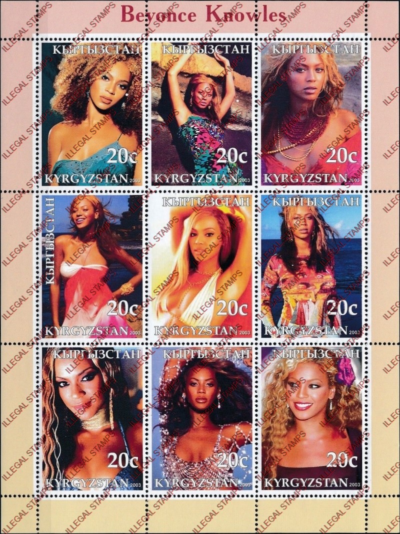 Kyrgyzstan 2003 Beyonce Knowles Illegal Stamp Sheetlet of Nine Kyrgyzstan 2003 Beyonce Knowles Illegal Stamp Sheetlet of Nine