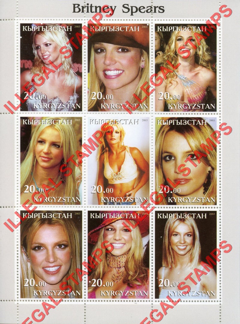 Kyrgyzstan 2003 Britney Spears Illegal Stamp Sheetlet of Nine Kyrgyzstan 2003 Britney Spears Illegal Stamp Sheetlet of Nine