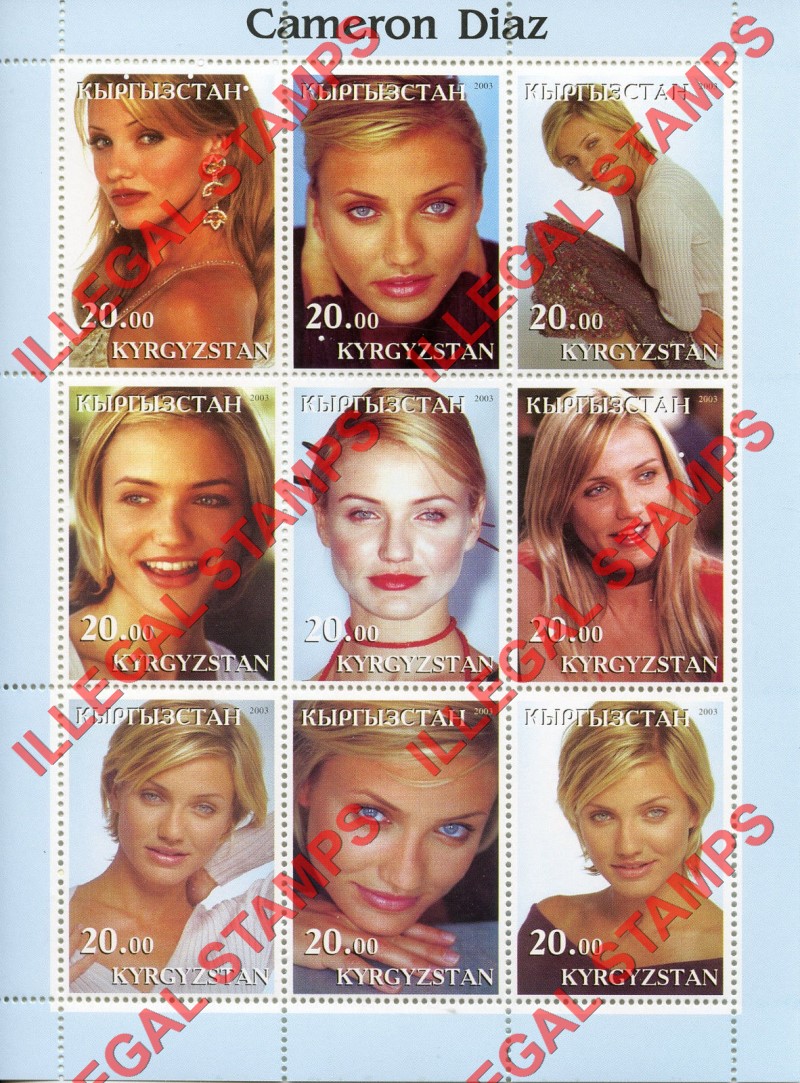 Kyrgyzstan 2003 Cameron Diaz Illegal Stamp Sheetlet of Nine Kyrgyzstan 2003 Cameron Diaz Illegal Stamp Sheetlet of Nine