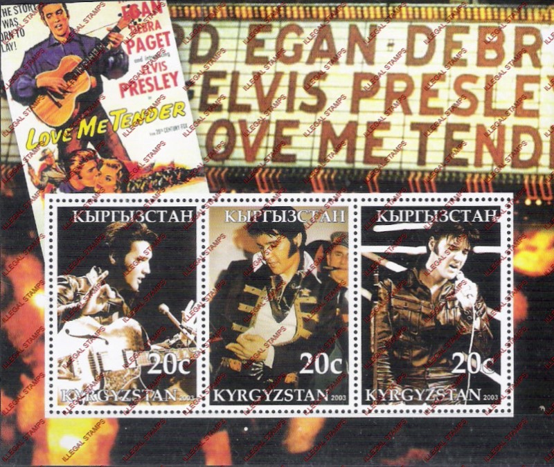 Kyrgyzstan 2003 Elvis Presley Illegal Stamp Souvenir Sheet of Three Kyrgyzstan 2003 Elvis Presley Illegal Stamp Souvenir Sheet of Three