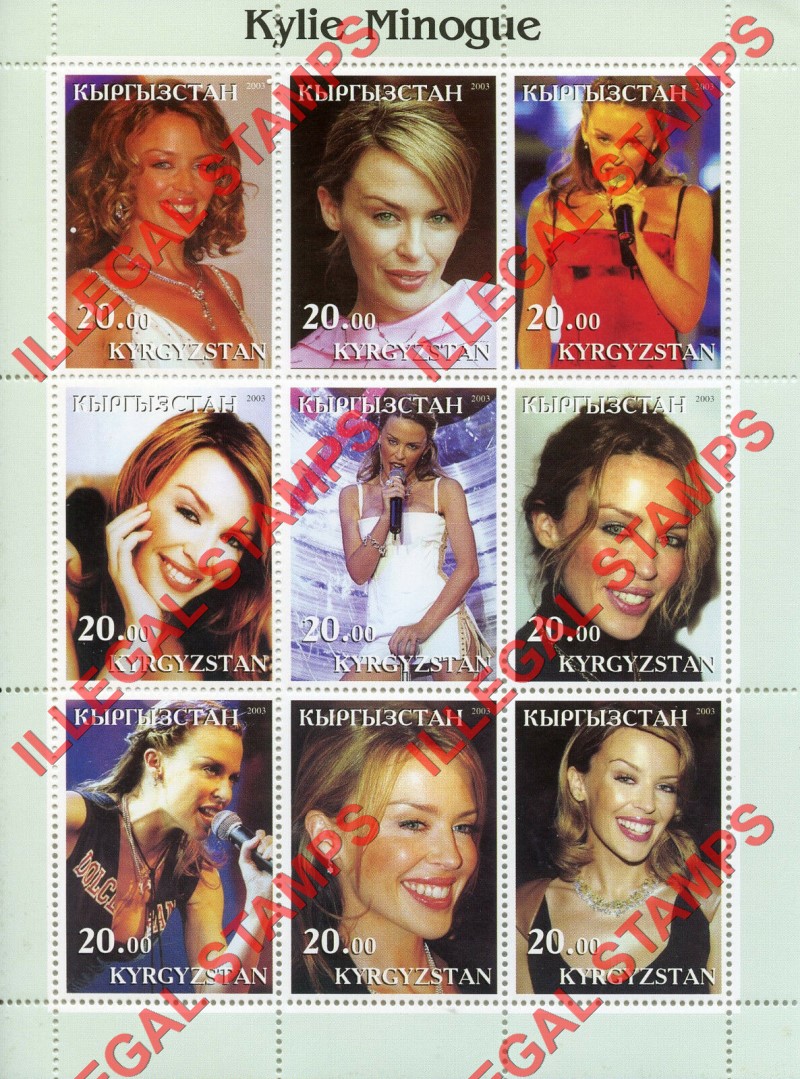 Kyrgyzstan 2003 Kylie Minogue Illegal Stamp Sheetlet of Nine
