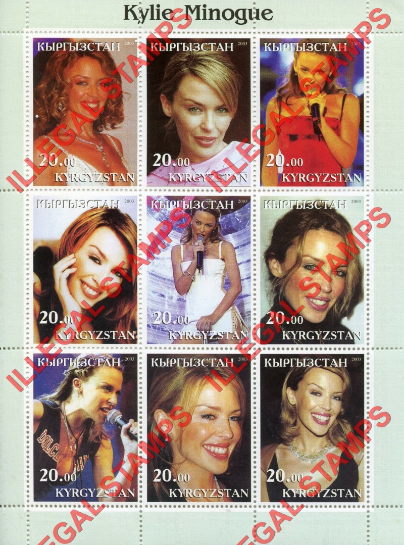 Kyrgyzstan 2003 Kylie Minogue Illegal Stamp Sheetlet of Nine Kyrgyzstan 2003 Kylie Minogue Illegal Stamp Sheetlet of Nine