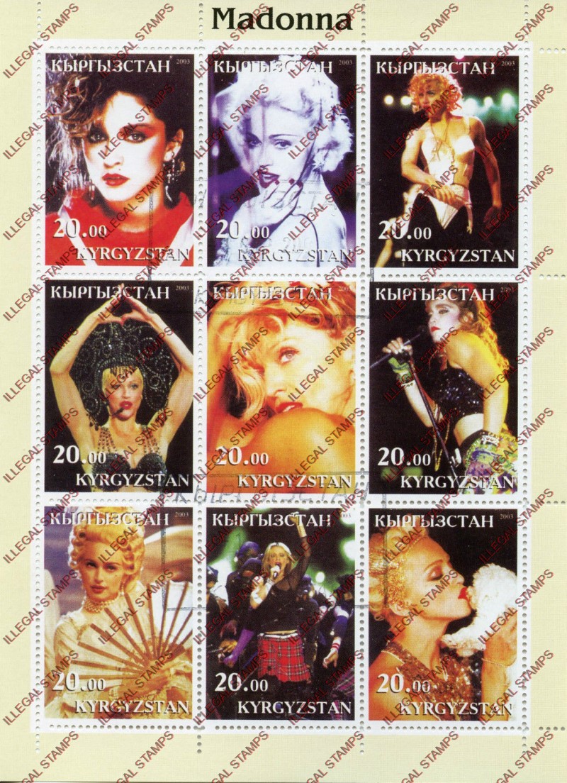 Kyrgyzstan 2003 Madonna Illegal Stamp Sheetlet of Nine Kyrgyzstan 2003 Madonna Illegal Stamp Sheetlet of Nine