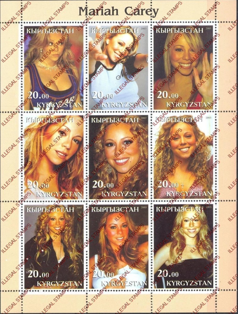 Kyrgyzstan 2003 Mariah Carey Illegal Stamp Sheetlet of Nine Kyrgyzstan 2003 Mariah Carey Illegal Stamp Sheetlet of Nine