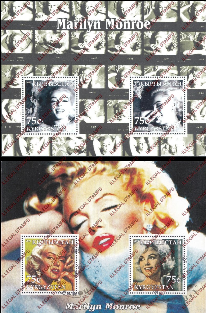 Kyrgyzstan 2003 Marilyn Monroe Illegal Stamp Souvenir Sheets of Two Kyrgyzstan 2003 Marilyn Monroe Illegal Stamp Souvenir Sheets of Two