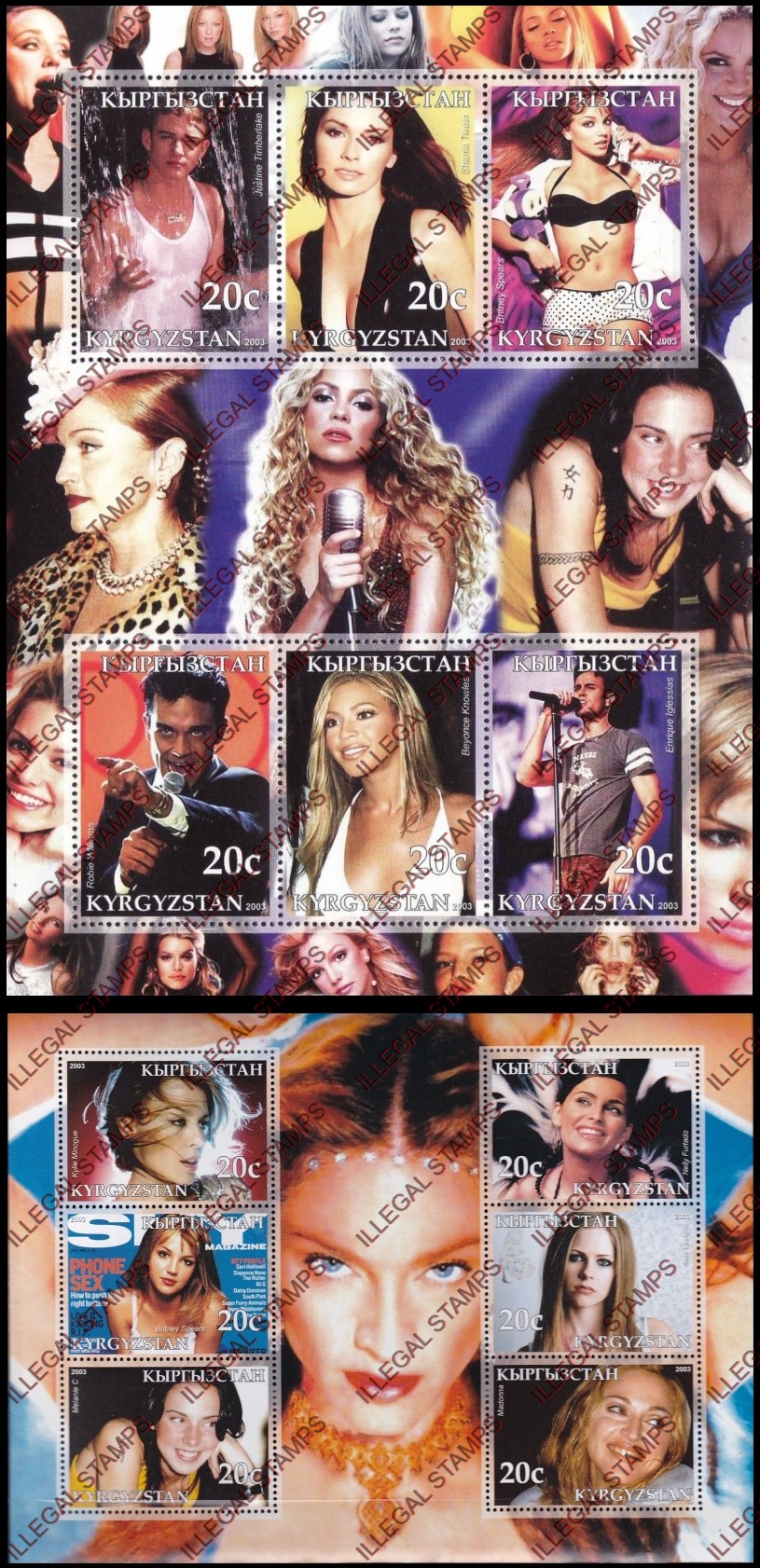 Kyrgyzstan 2003 Pop Singers Illegal Stamp Sheetlets of Six Kyrgyzstan 2003 Pop Singers Illegal Stamp Sheetlets of Six