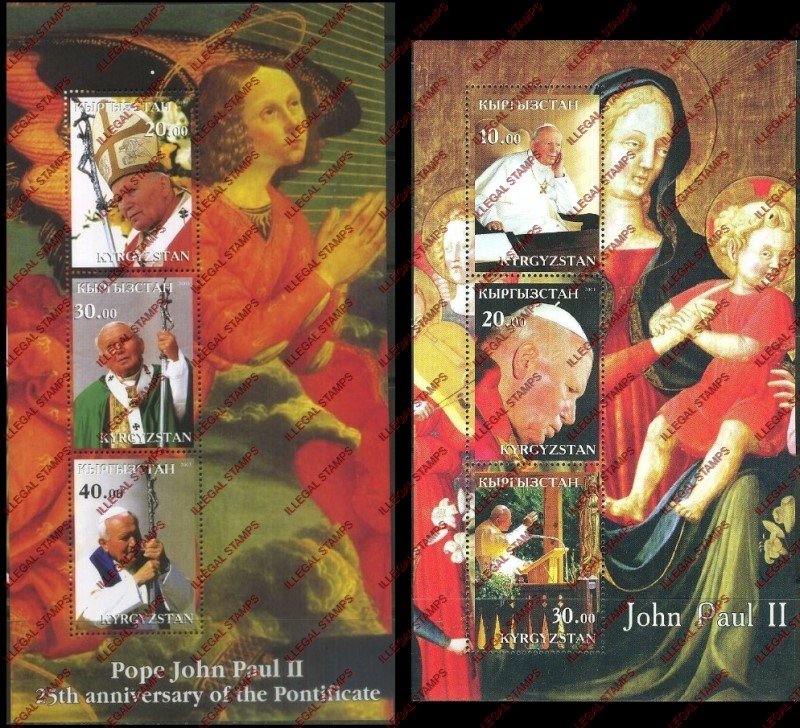 Kyrgyzstan 2003 Pope John Paul II Illegal Stamp Souvenir Sheets of Three Kyrgyzstan 2003 Pope John Paul II Illegal Stamp Souvenir Sheets of Three