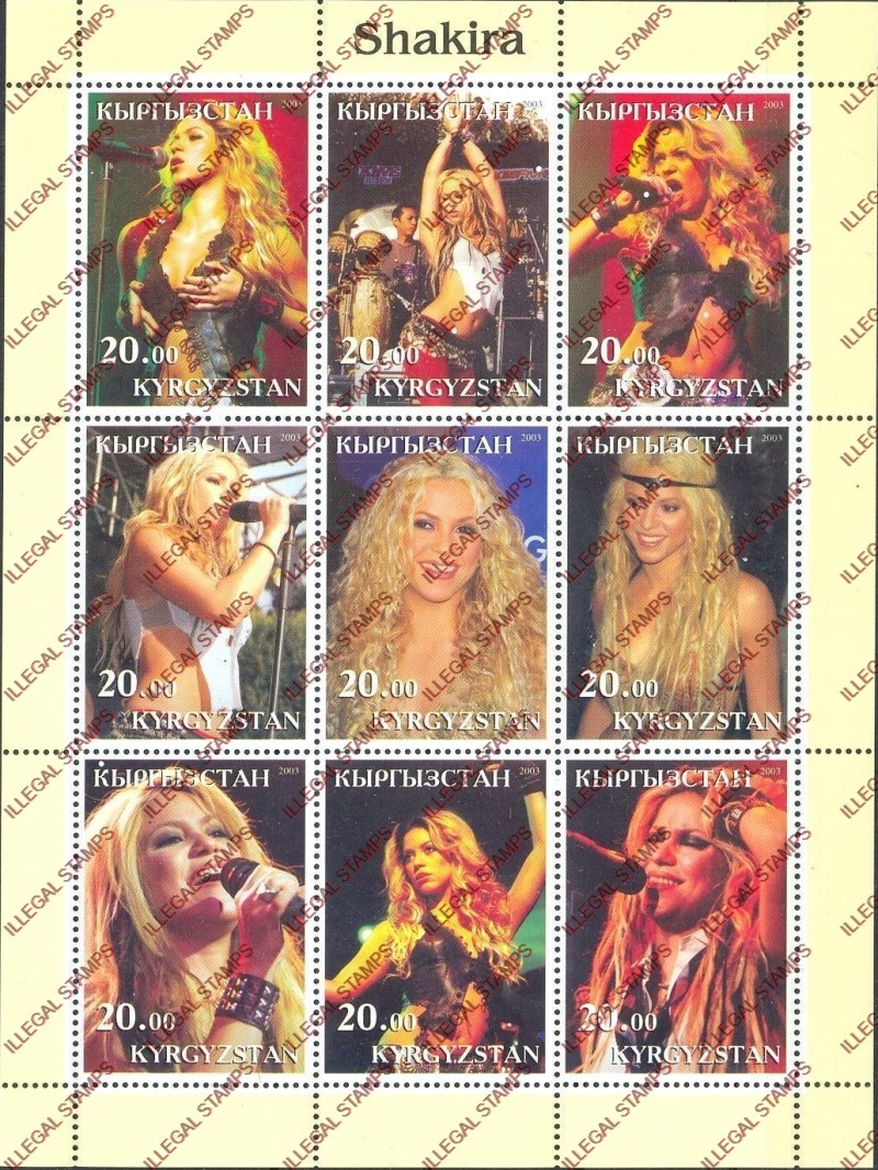 Kyrgyzstan 2003 Shakira Illegal Stamp Sheetlet of Nine