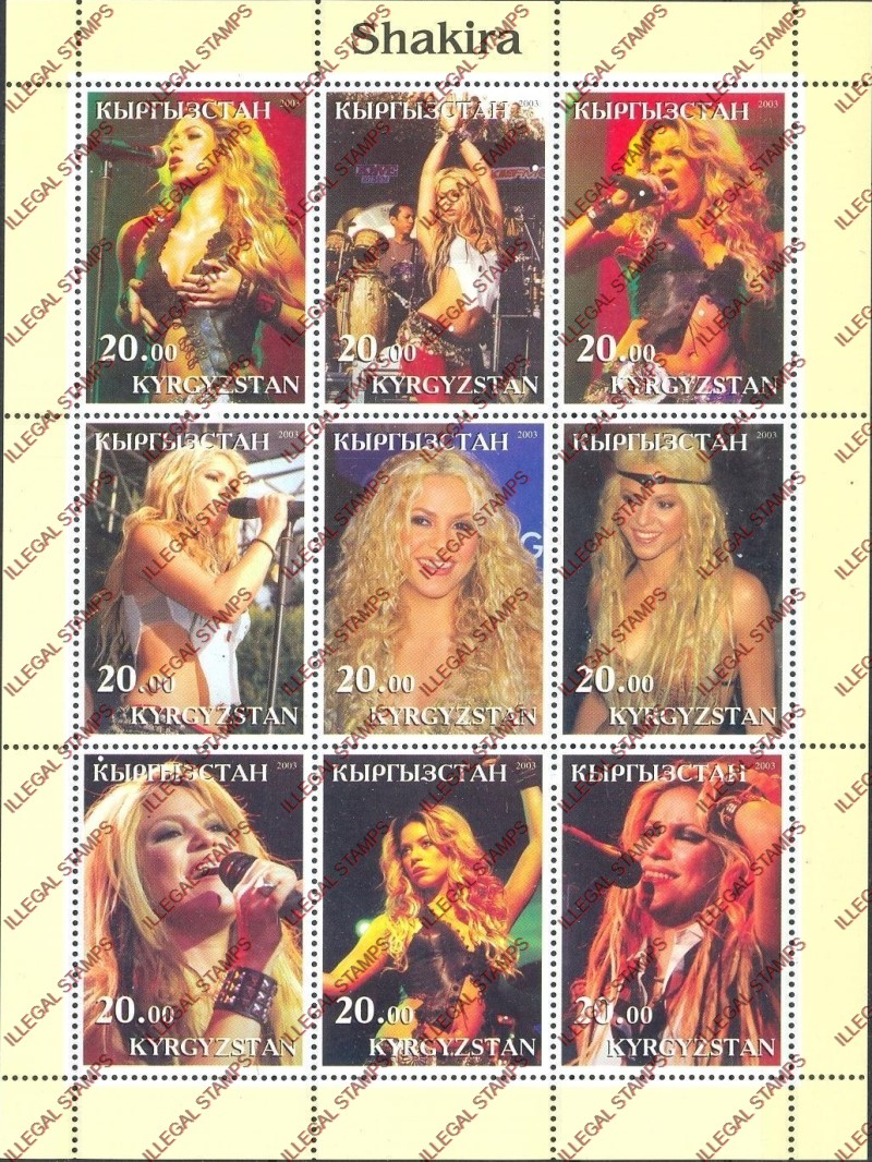 Kyrgyzstan 2003 Shakira Illegal Stamp Sheetlet of Nine Kyrgyzstan 2003 Shakira Illegal Stamp Sheetlet of Nine