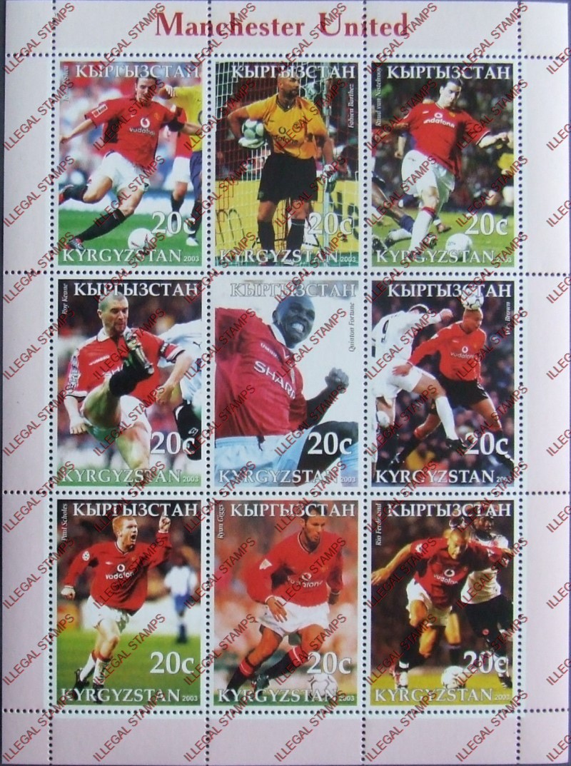 Kyrgyzstan 2003 Soccer (Football) Manchester United Illegal Stamp Sheetlet of Nine Kyrgyzstan 2003 Soccer (Football) Manchester United Illegal Stamp Sheetlet of Nine