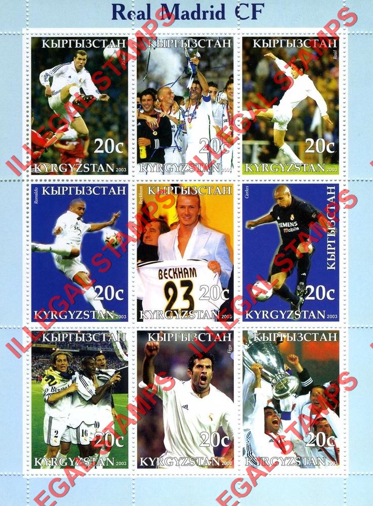 Kyrgyzstan 2003 Soccer (Football) Real Madrid CF Illegal Stamp Sheetlet of Nine Kyrgyzstan 2003 Soccer (Football) Real Madrid CF Illegal Stamp Sheetlet of Nine