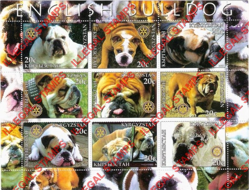 Kyrgyzstan 2004 Dogs English Bulldog Illegal Stamp Sheetlet of Nine Kyrgyzstan 2004 Dogs English Bulldog Illegal Stamp Sheetlet of Nine