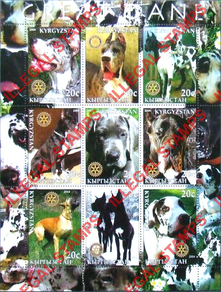 Kyrgyzstan 2004 Dogs Great Dane Illegal Stamp Sheetlet of Nine Kyrgyzstan 2004 Dogs Great Dane Illegal Stamp Sheetlet of Nine