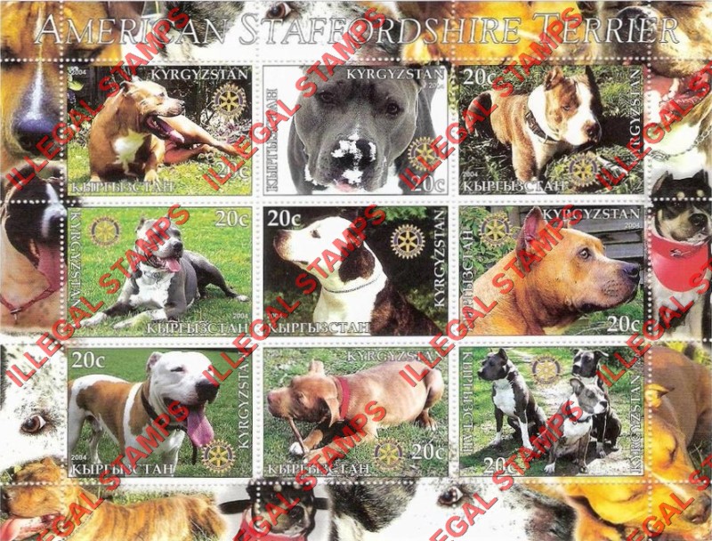 Kyrgyzstan 2004 Dogs American Staffordshire Terrier Illegal Stamp Sheetlet of Nine Kyrgyzstan 2004 Dogs American Staffordshire Terrier Illegal Stamp Sheetlet of Nine