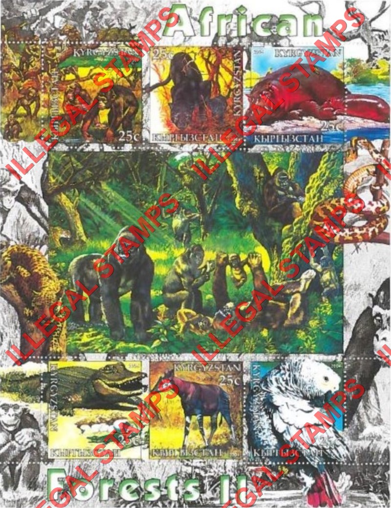 Kyrgyzstan 2004 Fauna of African Forests 2 Illegal Stamp Sheetlet of Six Kyrgyzstan 2004 Fauna of African Forests 2 Illegal Stamp Sheetlet of Six
