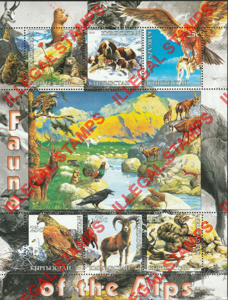 Kyrgyzstan 2004 Fauna of the Alps Illegal Stamp Sheetlet of Six Kyrgyzstan 2004 Fauna of the Alps Illegal Stamp Sheetlet of Six