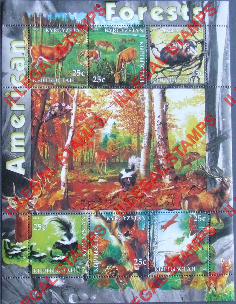 Kyrgyzstan 2004 Fauna of American Forests Illegal Stamp Sheetlet of Six Kyrgyzstan 2004 Fauna of American Forests Illegal Stamp Sheetlet of Six