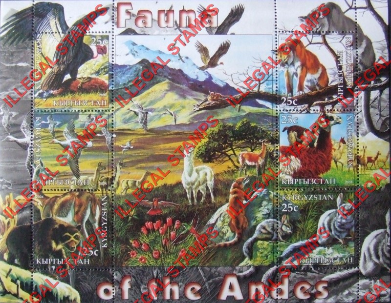 Kyrgyzstan 2004 Fauna of the Andes Illegal Stamp Sheetlet of Six Kyrgyzstan 2004 Fauna of the Andes Illegal Stamp Sheetlet of Six