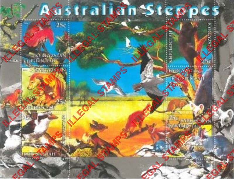 Kyrgyzstan 2004 Fauna of Australian Steppes Illegal Stamp Sheetlet of Six Kyrgyzstan 2004 Fauna of Australian Steppes Illegal Stamp Sheetlet of Six
