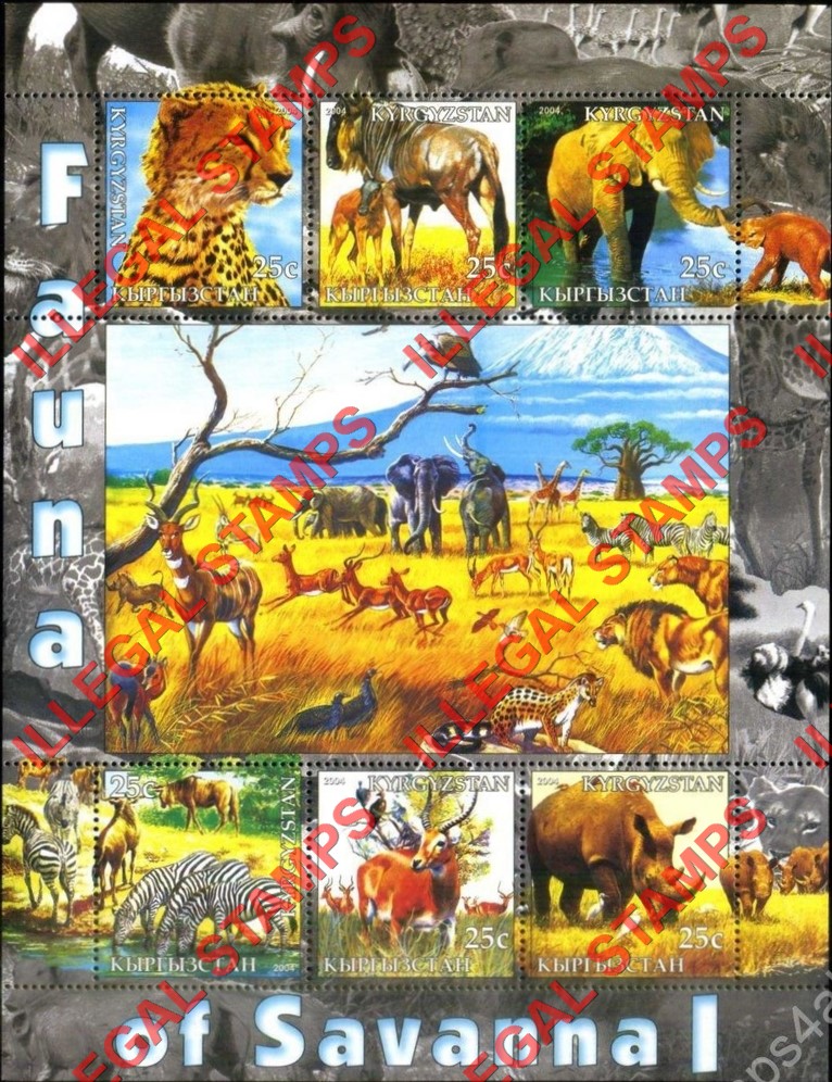 Kyrgyzstan 2004 Fauna of Savanna 1 Illegal Stamp Sheetlet of Six Kyrgyzstan 2004 Fauna of Savanna 1 Illegal Stamp Sheetlet of Six