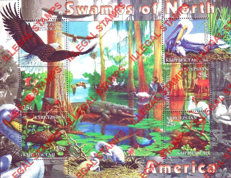 Kyrgyzstan 2004 Fauna of Swamps of North America Illegal Stamp Sheetlet of Six