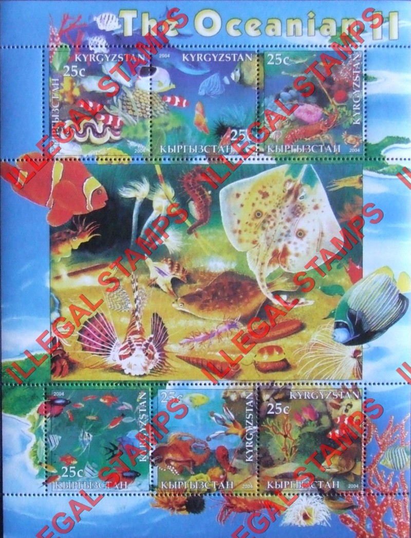Kyrgyzstan 2004 Marine Life of the Oceanian 2 Illegal Stamp Sheetlet of Six Kyrgyzstan 2004 Marine Life of the Oceanian 2 Illegal Stamp Sheetlet of Six
