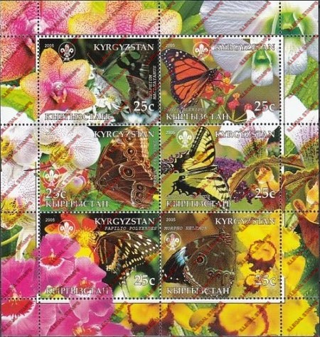 Kyrgyzstan 2005 Butterflies and Orchids Illegal Stamp Sheetlet of Six Kyrgyzstan 2005 Butterflies and Orchids Illegal Stamp Sheetlet of Six