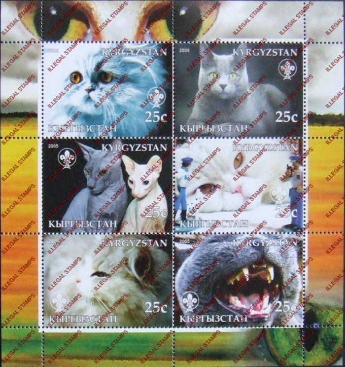 Kyrgyzstan 2005 Cats Illegal Stamp Sheetlet of Six Kyrgyzstan 2005 Cats Illegal Stamp Sheetlet of Six