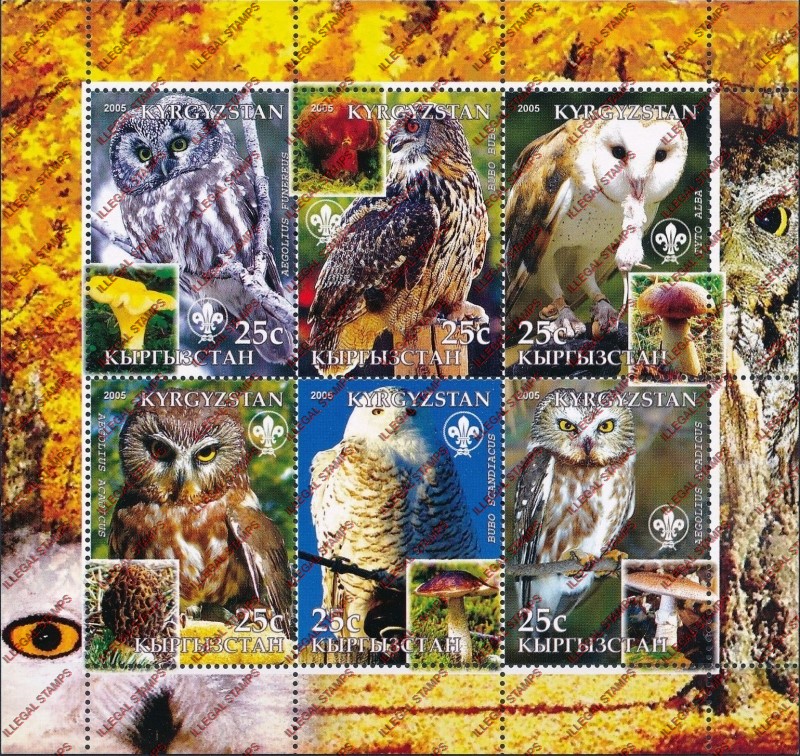 Kyrgyzstan 2005 Owls Illegal Stamp Sheetlet of Six Kyrgyzstan 2005 Owls Illegal Stamp Sheetlet of Six