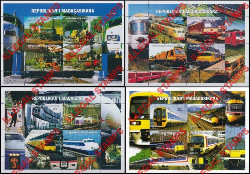 Madagascar 1999 Locomotives Trains Illegal Stamp Souvenir Sheets of Four
