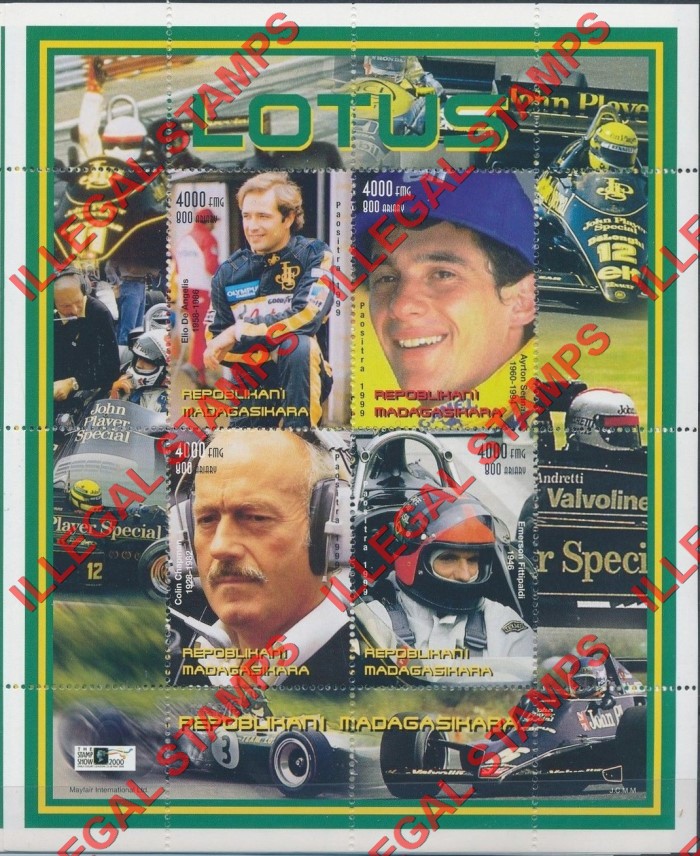 Madagascar 1999 Lotus Cars Illegal Stamp Souvenir Sheet of Four