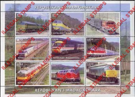 Madagascar 1999 Trains Illegal Stamp Sheetlet of Nine