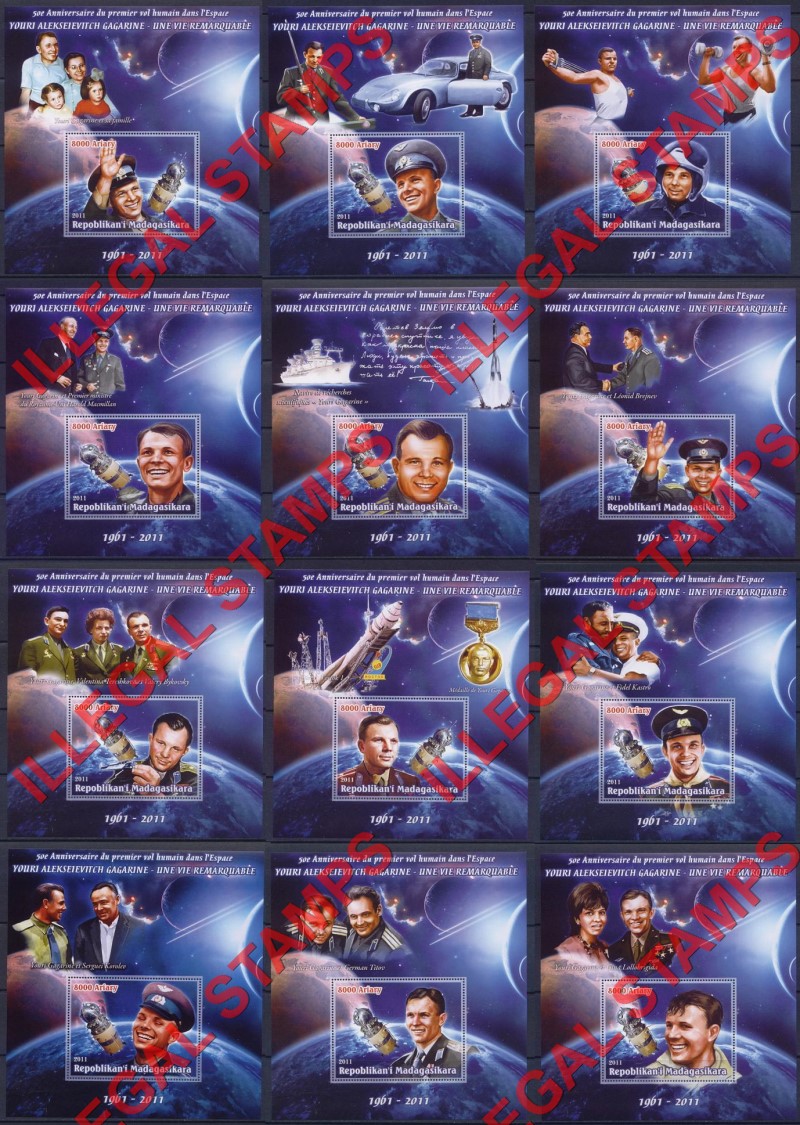 Madagascar 2011 Humans in Space Illegal Stamp Souvenir Sheet Set of Twelve