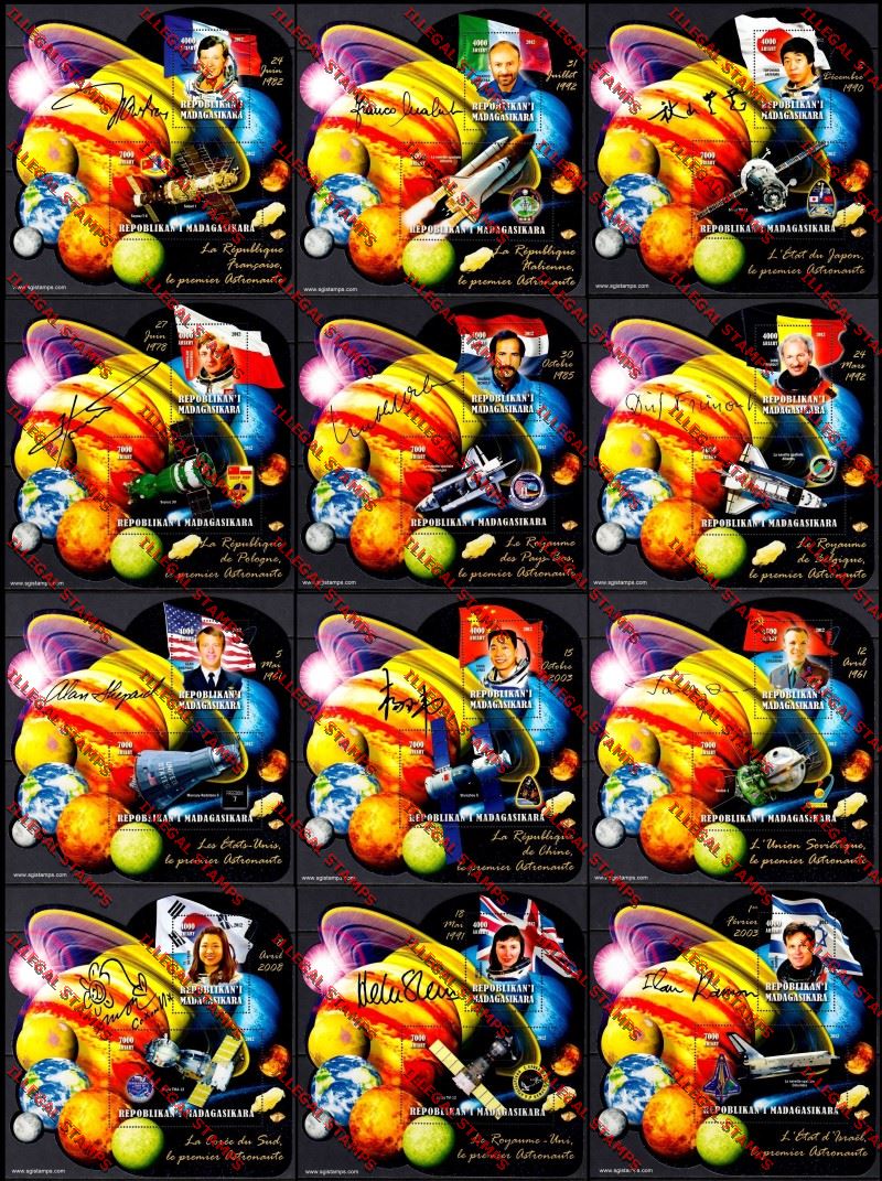 Madagascar 2012 First Astronauts Illegal Stamp Souvenir Sheet Set Madagascar 2012 First Astronauts Illegal Stamp Souvenir Sheet Set