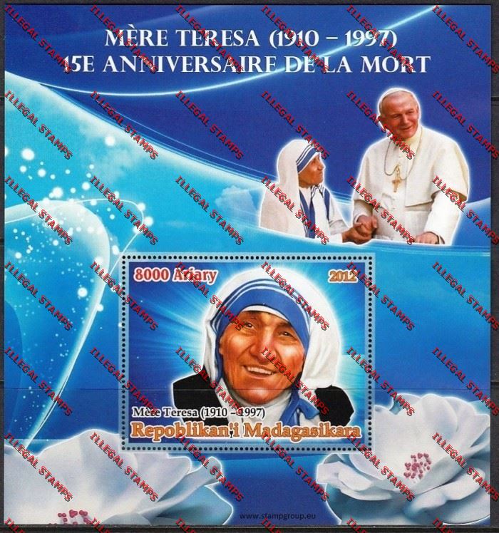 Madagascar 2012 Mother Teresa Illegal Stamp Souvenir Sheet Madagascar 2012 Mother Teresa Illegal Stamp Souvenir Sheet