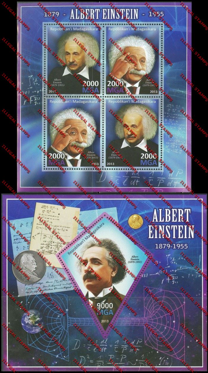 Madagascar 2013 Albert Einstein Illegal Stamp Souvenir Sheet and Sheetlet Madagascar 2013 Albert Einstein Illegal Stamp Souvenir Sheet and Sheetlet