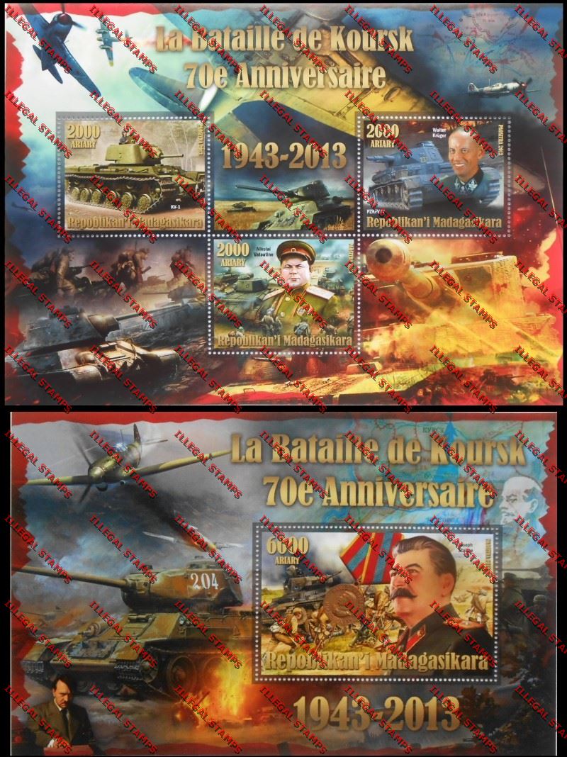 Madagascar 2013 70th Anniversary of the Battle of Koursk Illegal Stamp Souvenir Sheetlet of Three and Souvenir Sheet Madagascar 2013 70th Anniversary of the Battle of Koursk Illegal Stamp Souvenir Sheetlet of Three and Souvenir Sheet