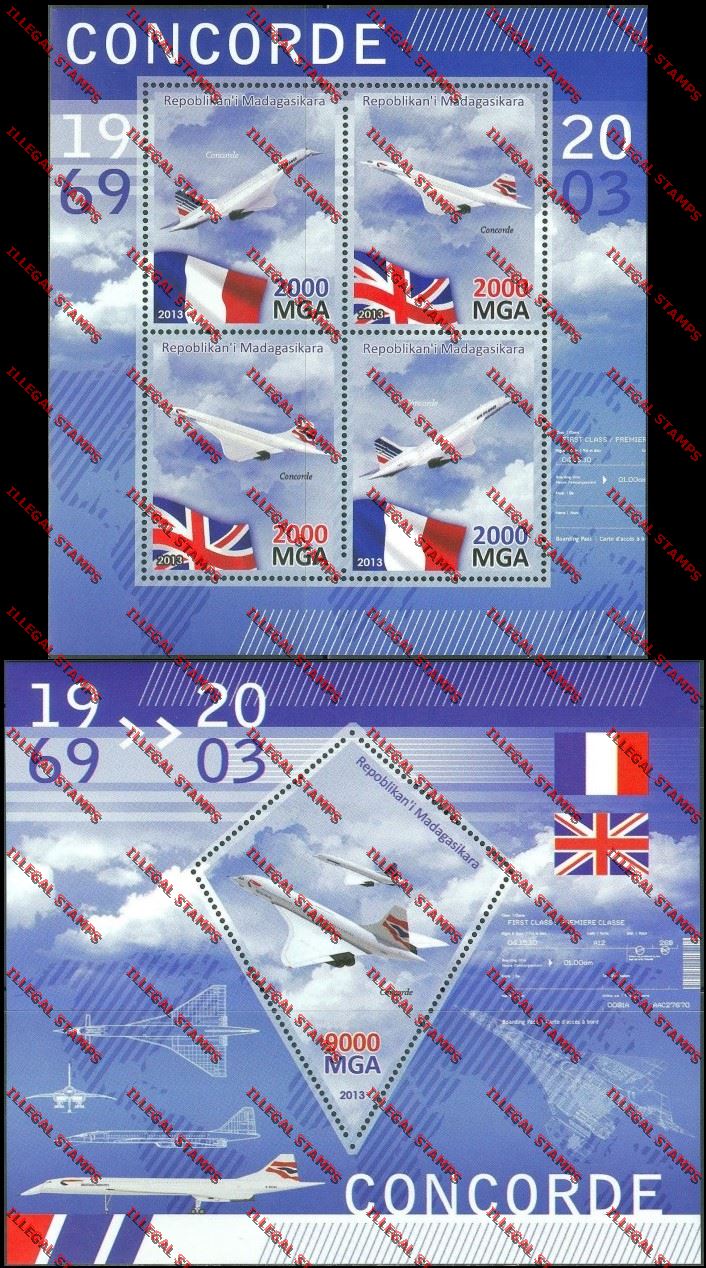 Madagascar 2013 Concorde Illegal Stamp Souvenir Sheet and Sheetlet Madagascar 2013 Concorde Illegal Stamp Souvenir Sheet and Sheetlet