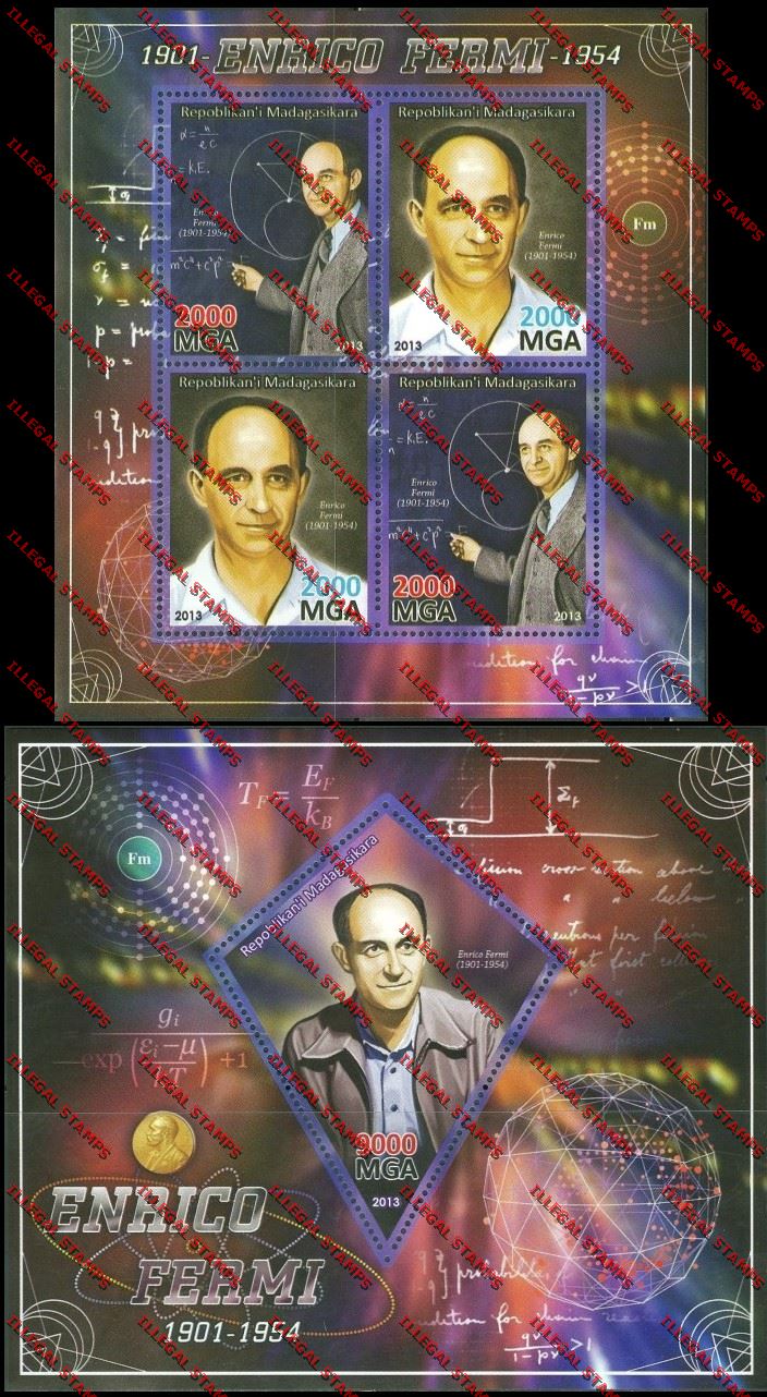 Madagascar 2013 Enrico Fermi Illegal Stamp Souvenir Sheet and Sheetlet Madagascar 2013 Enrico Fermi Illegal Stamp Souvenir Sheet and Sheetlet
