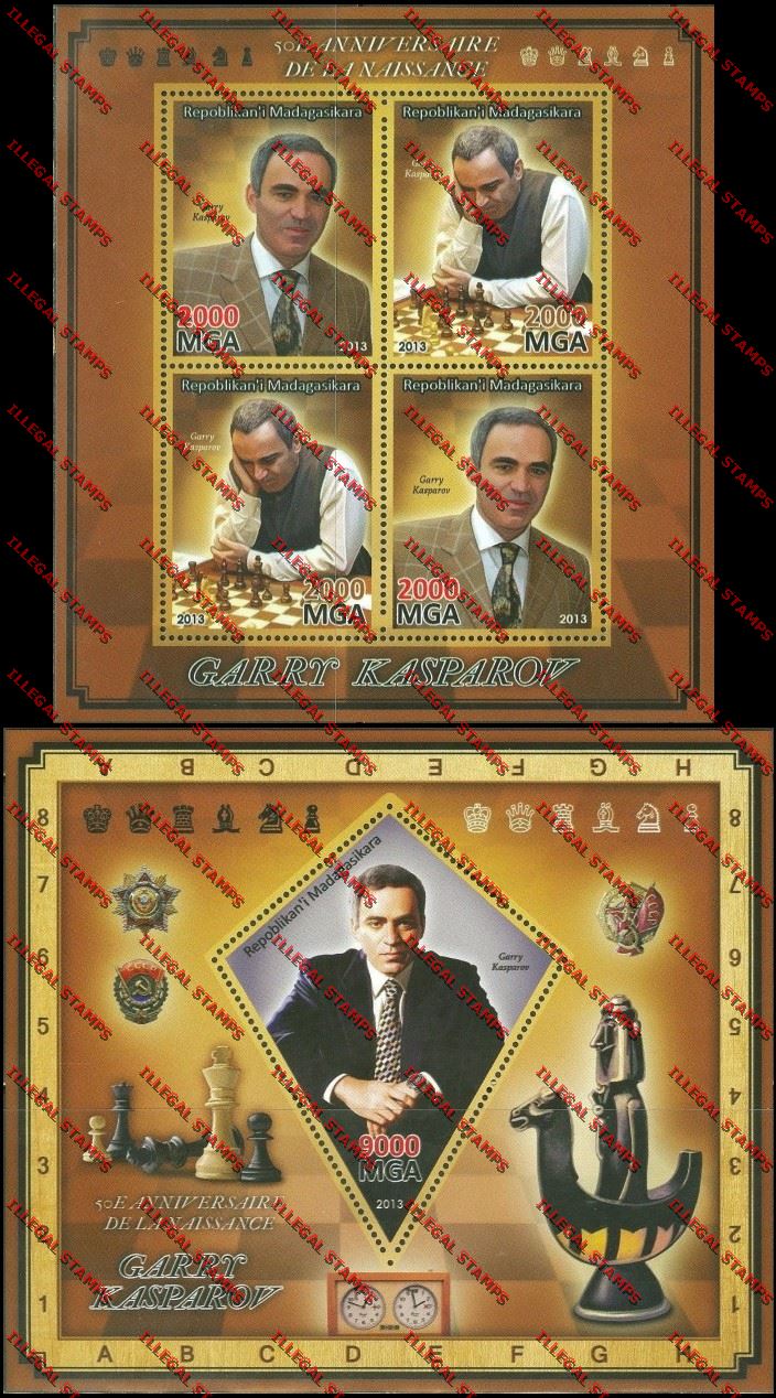 Madagascar 2013 Garry Kasparov Illegal Stamp Souvenir Sheet and Sheetlet Madagascar 2013 Garry Kasparov Illegal Stamp Souvenir Sheet and Sheetlet