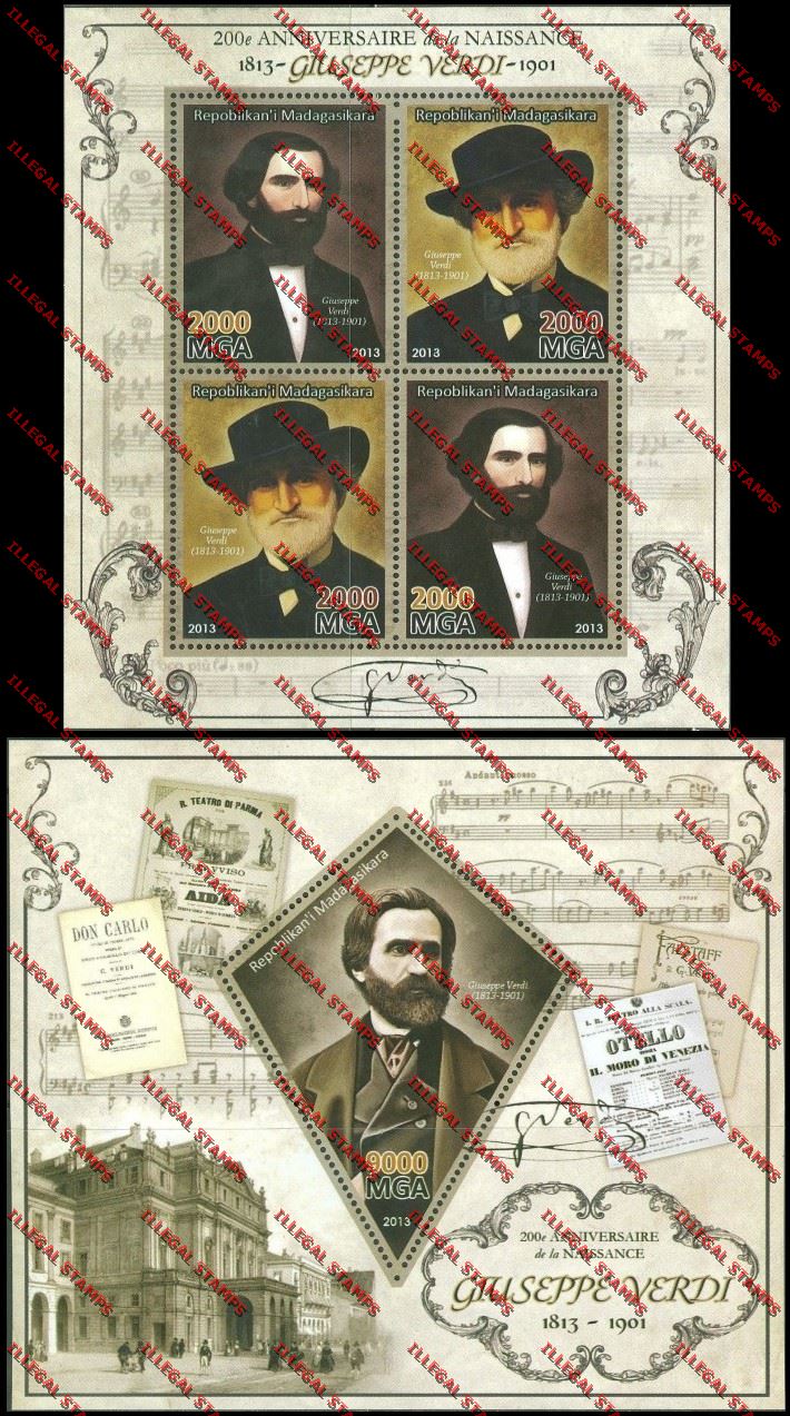 Madagascar 2013 Giuseppe Verdi Illegal Stamp Souvenir Sheet and Sheetlet Madagascar 2013 Giuseppe Verdi Illegal Stamp Souvenir Sheet and Sheetlet