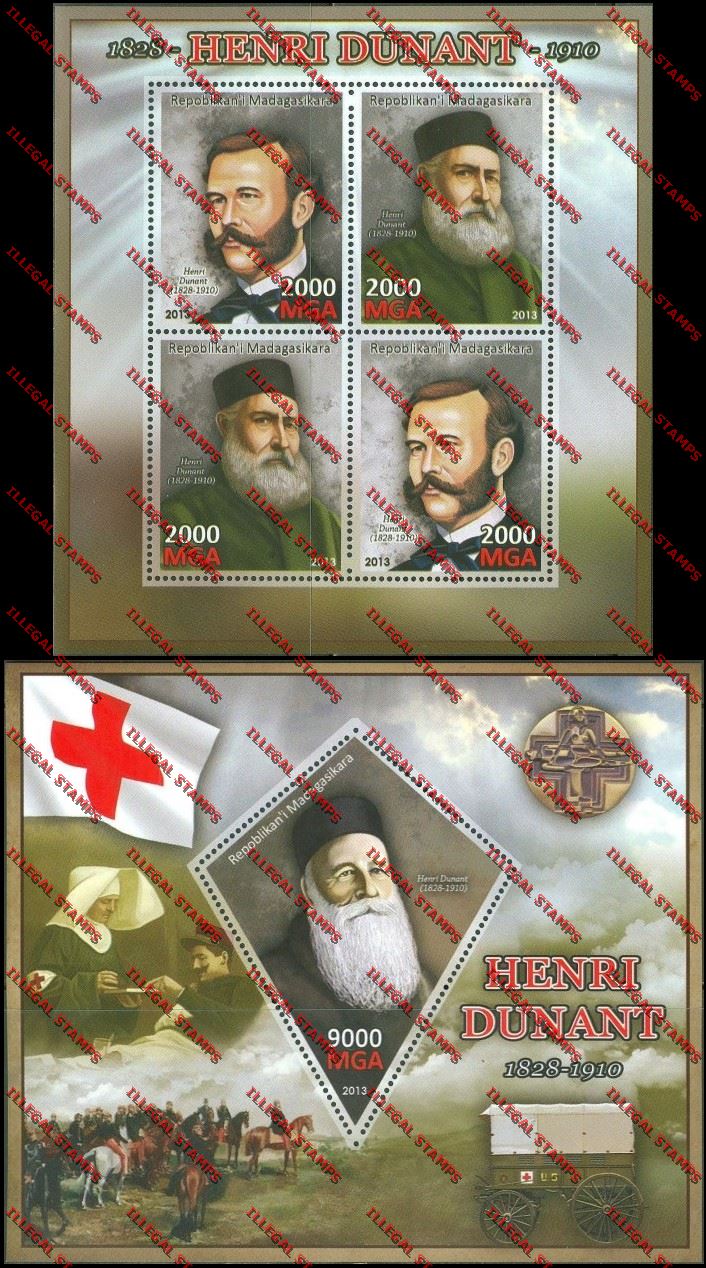 Madagascar 2013 Henri Dunant Illegal Stamp Souvenir Sheet and Sheetlet Madagascar 2013 Henri Dunant Illegal Stamp Souvenir Sheet and Sheetlet