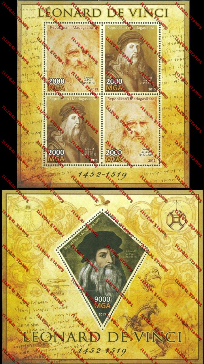 Madagascar 2013 Leonardo de Vinci Illegal Stamp Souvenir Sheet and Sheetlet Madagascar 2013 Leonardo de Vinci Illegal Stamp Souvenir Sheet and Sheetlet