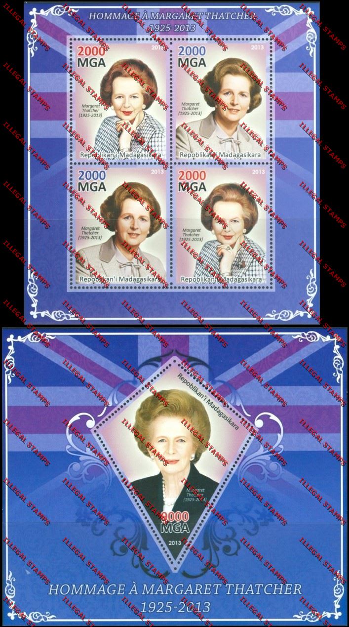 Madagascar 2013 Margaret Thatcher Illegal Stamp Souvenir Sheet and Sheetlet Madagascar 2013 Margaret Thatcher Illegal Stamp Souvenir Sheet and Sheetlet